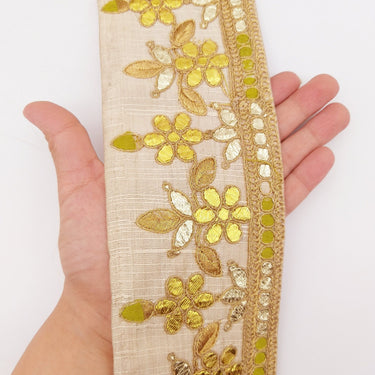 Beige Art Silk Fabric Trim, Olive Green & Gold Floral Embroidery Gota Patti Indian Sari Border Trim By Yard Decorative Trim Craft Lace